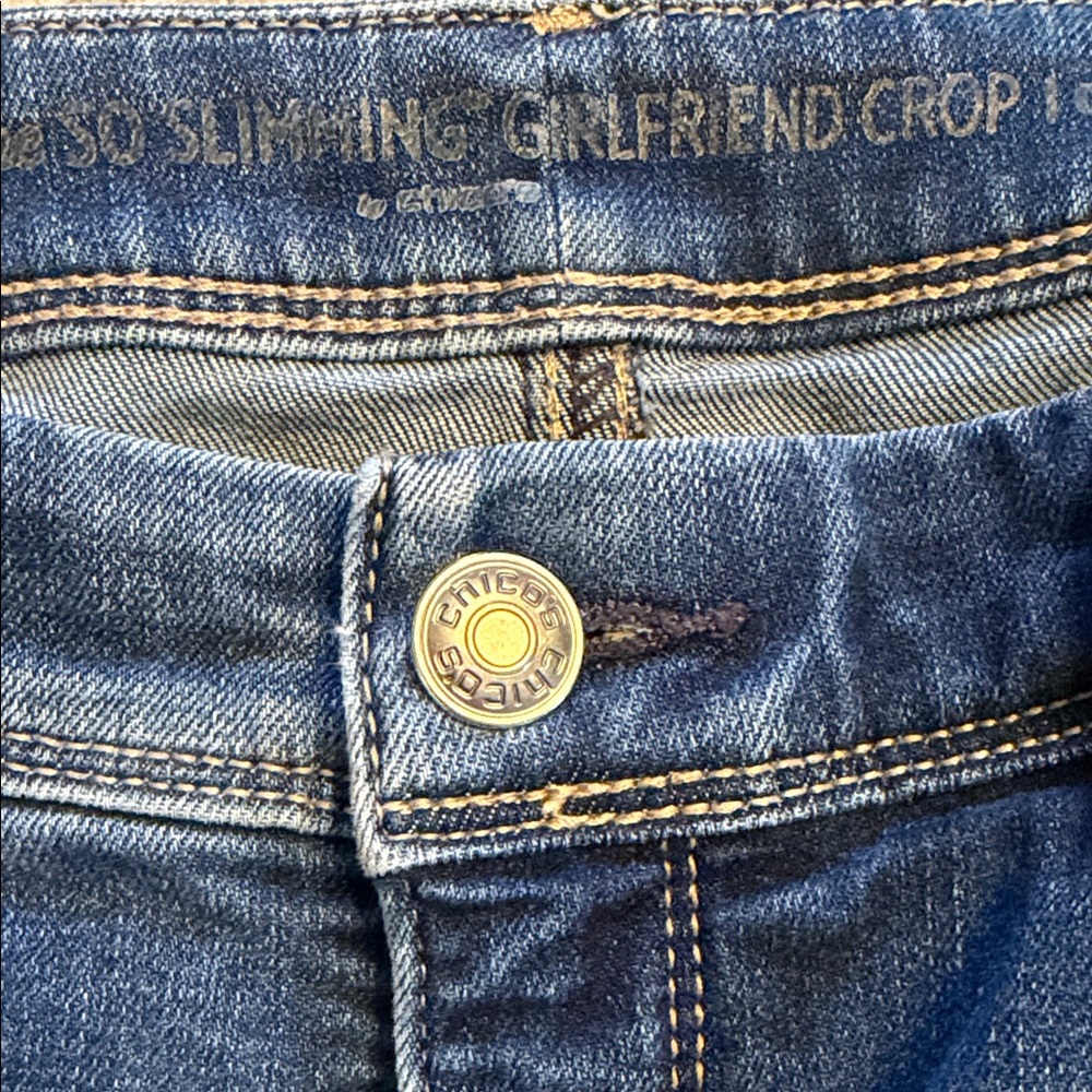 Chico's Medium Blue Denim Crop Jeans with Gold Button